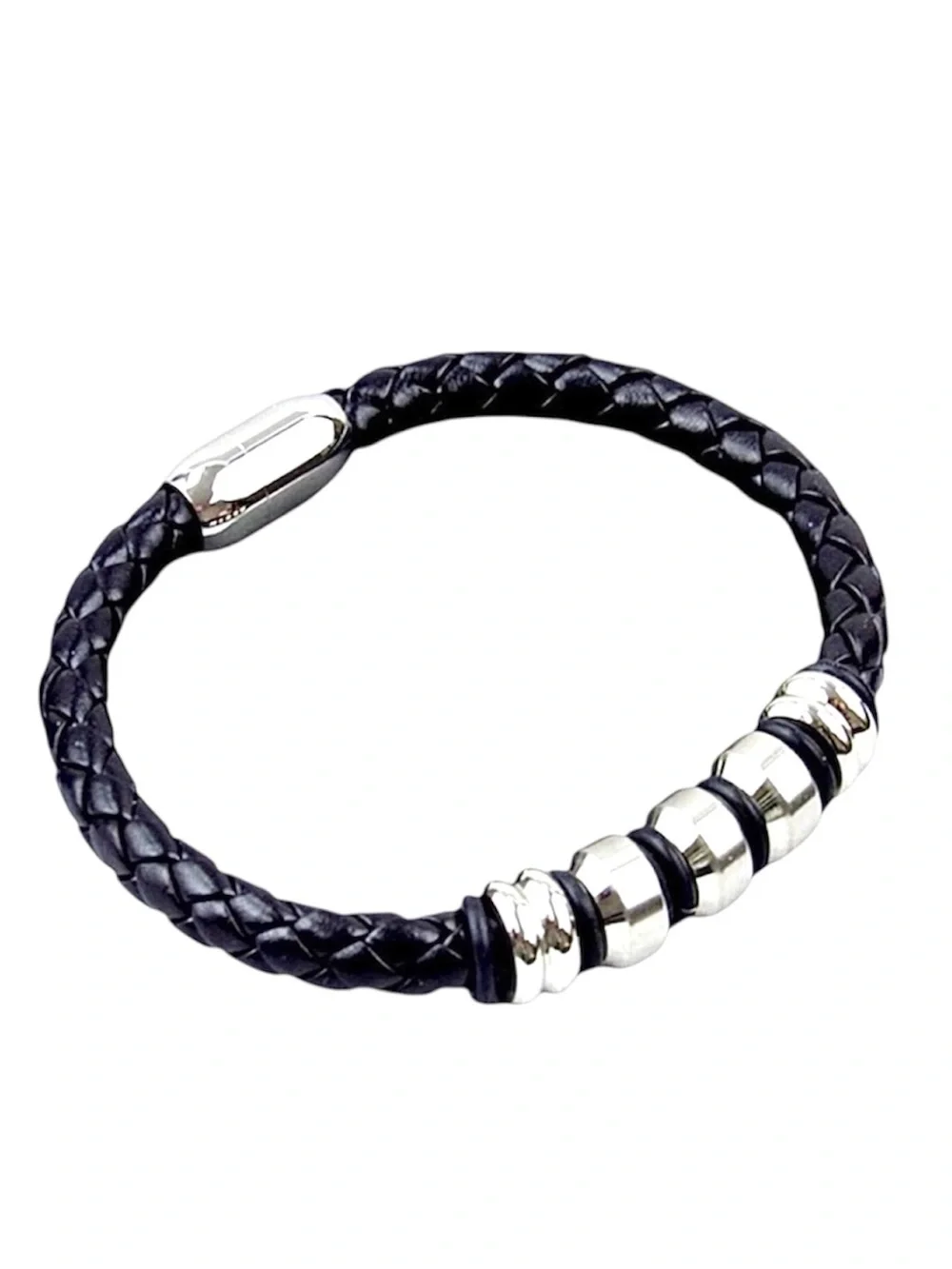 Men’s Braided Leather & Stainless Steel Bracelet – Black | Modern Style